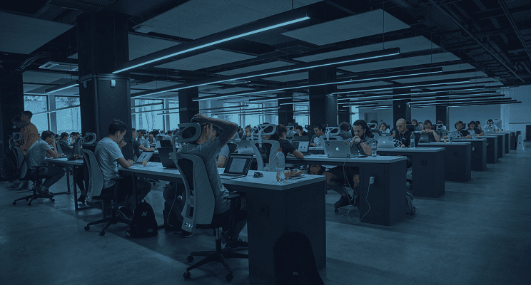 Developers working in a modern open space that reflects the Team as a Service (TaaS) model